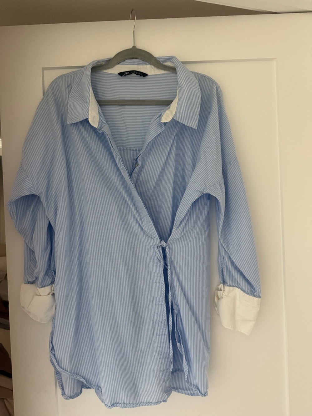 Zara Light Blue and White Striped Wrap Blouse